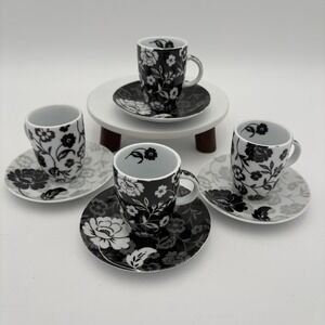 Floral Espresso‎ Cups Set Of 4 PPD Accents Black White Small Cortado
